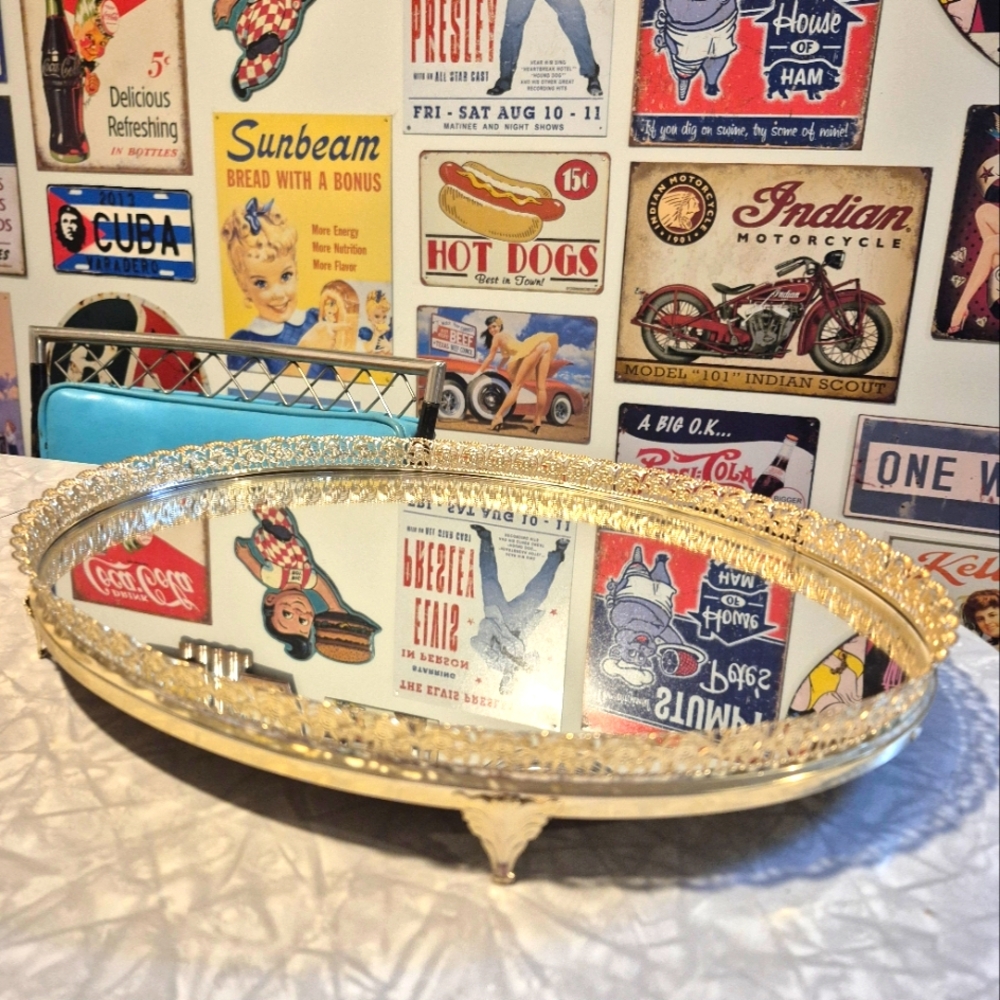 Vintage Gold Oval Mirror Tray / Wall Decor